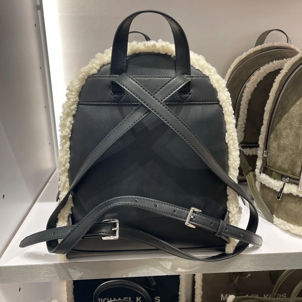 MICHAEL KORS Rhea Medium Suede and Faux Shearling Backpack Black NWT
